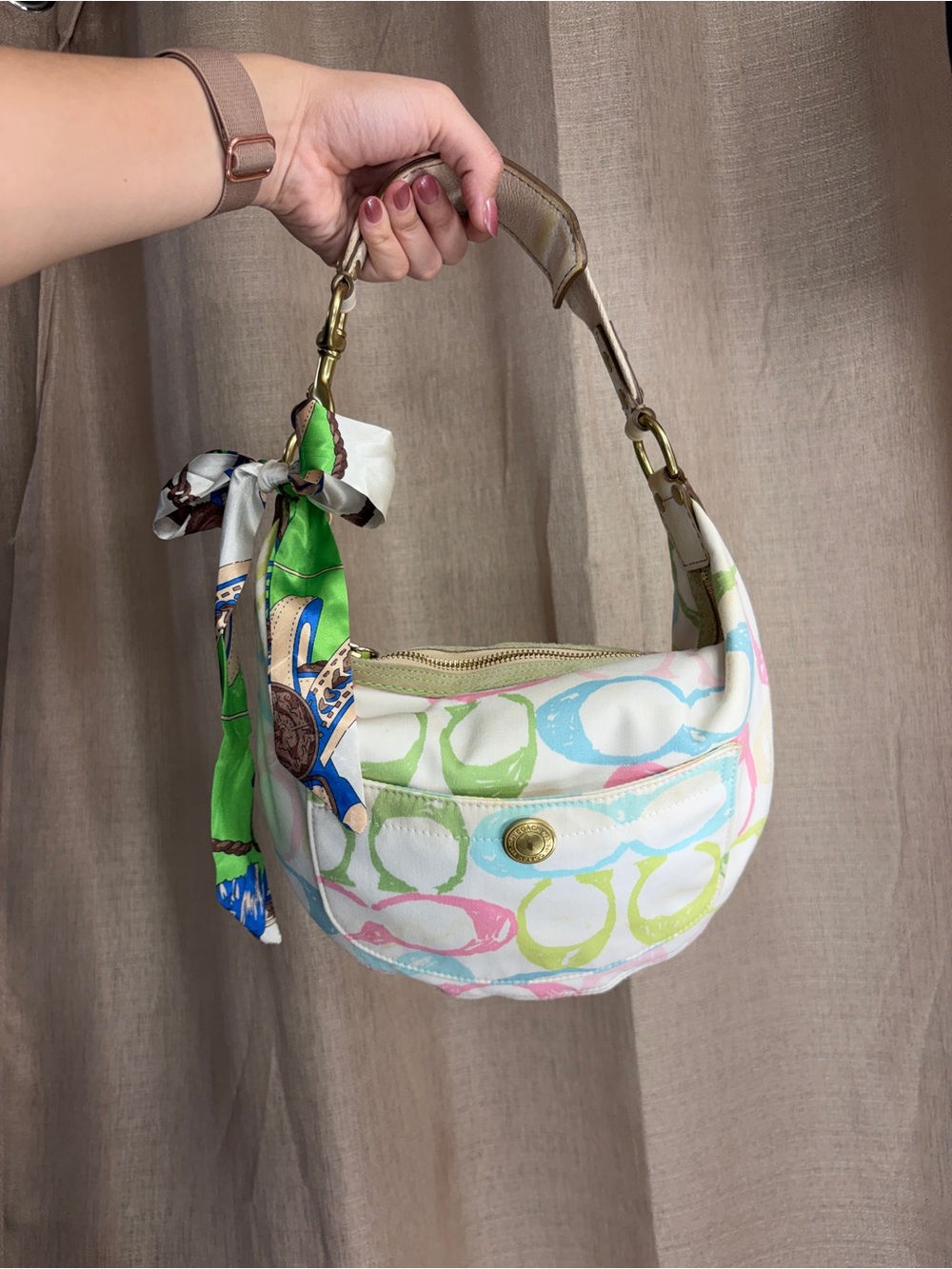 Coach Cream Mini Hobo with Pastel Pink, Green & Blue Accents